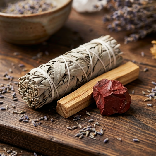 Energiebazen Ritueel Smudge Set - Witte salie - Palo Santo - Rode Jaspis
