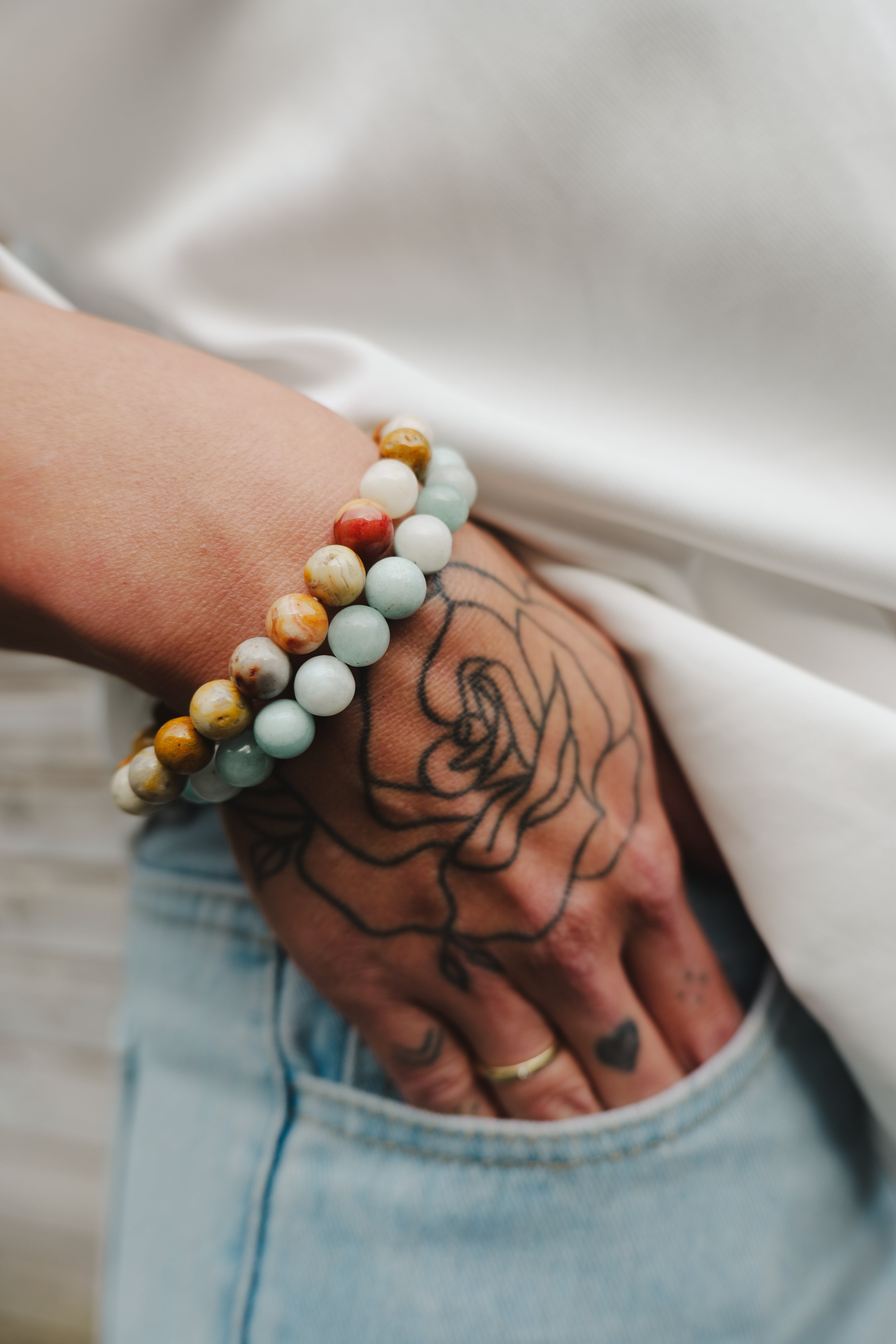 Kracht Kralen Toneel Vrij armbandenset Amazoniet en Crazy Lace Agaat | Energiebazen